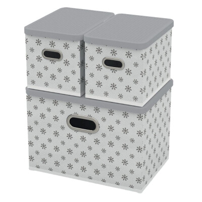 HomeLife Úložný box s víkem sada 3 ks - bílá kytičky